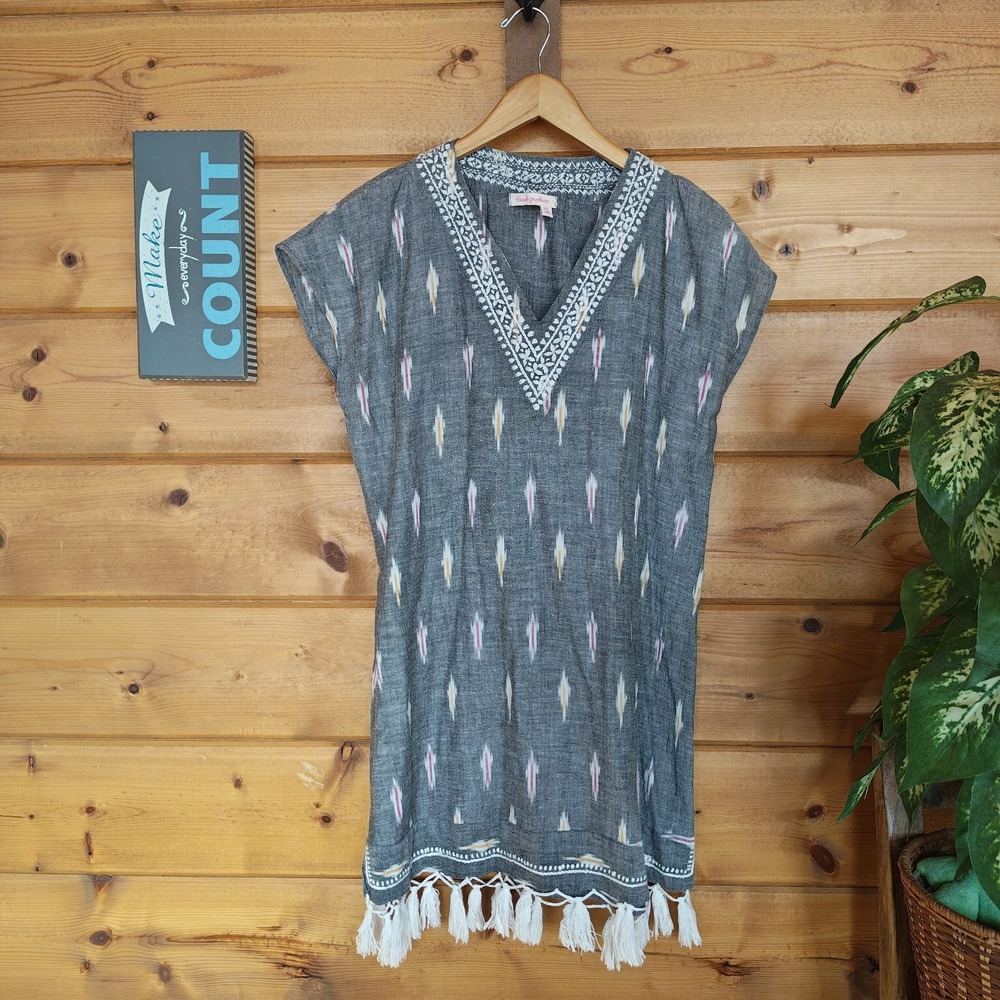 Fresh Produce Embroider Ikat Dress  Boho Fringe Beach Coastal Resort HTF Sz M/L